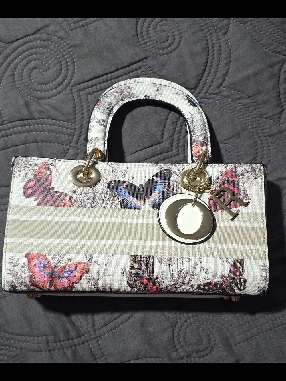Butterfly Print White Top-Handle Bag